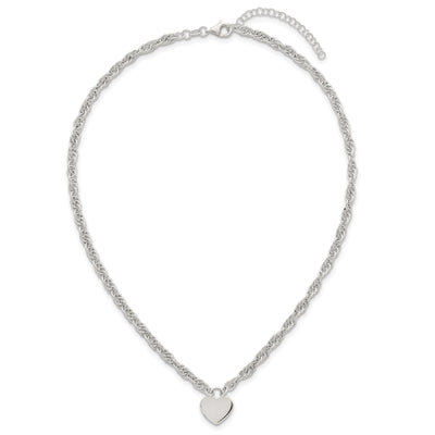 Sterling Silver Polished Fancy Engravable Heart Disc on Rope Chain with Extension Necklace
