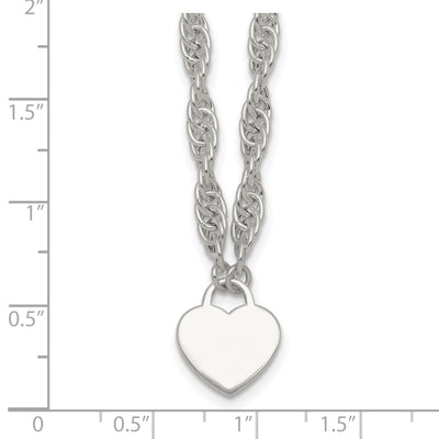 Sterling Silver Polished Fancy Engravable Heart Disc on Rope Chain with Extension Necklace