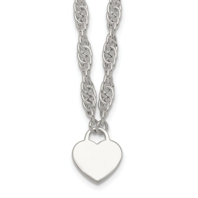 Sterling Silver Polished Fancy Engravable Heart Disc on Rope Chain with Extension Necklace