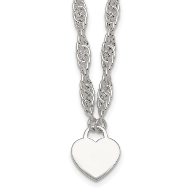 Sterling Silver Polished Fancy Engravable Heart Disc on Rope Chain with Extension Necklace