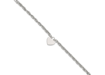 Sterling Silver Polished Fancy Engravable Heart Disc on Rope Chain with Extension Necklace