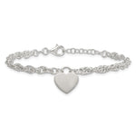 Sterling Silver Polished Fancy Engravable Heart Disc on Rope Chain with Extension Bracelet view