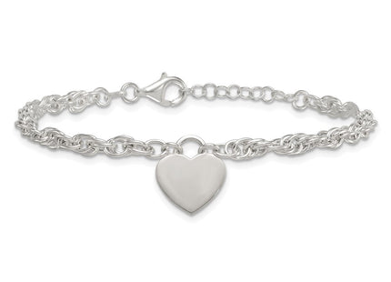Sterling Silver Polished Fancy Engravable Heart Disc on Rope Chain with Extension Necklace