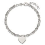 Sterling Silver Polished Fancy Engravable Heart Disc on Rope Chain with Extension Bracelet view