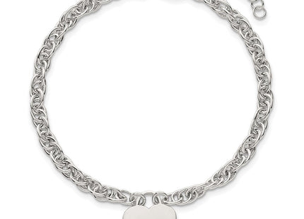 Sterling Silver Polished Fancy Engravable Heart Disc on Rope Chain with Extension Necklace