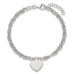Sterling Silver Polished Fancy Engravable Heart Disc on Rope Chain with Extension Necklace view