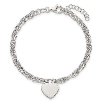 Sterling Silver Polished Fancy Engravable Heart Disc on Rope Chain with Extension Necklace