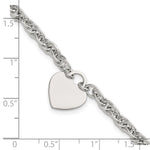 Sterling Silver Polished Fancy Engravable Heart Disc on Rope Chain with Extension Bracelet view