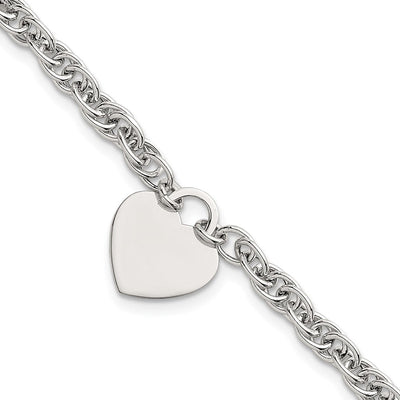 Sterling Silver Polished Fancy Engravable Heart Disc on Rope Chain with Extension Necklace