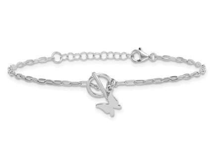 Sterling Silver Rhodium-plated Polished Butterfly Dangle Paperclip Link 6. with Extension Necklace