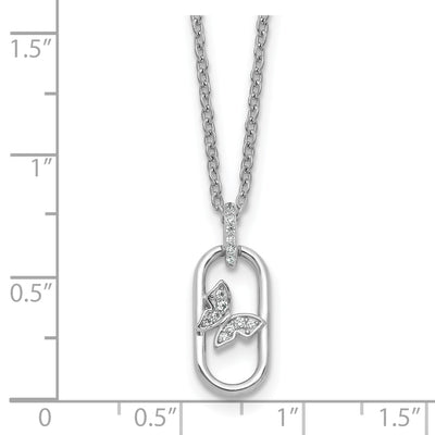 Sterling Silver Rhodium-plated CZ Oval with Butterfly with Extension Necklace
