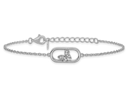 Sterling Silver Rhodium-plated CZ Oval with Butterfly with Extension Necklace