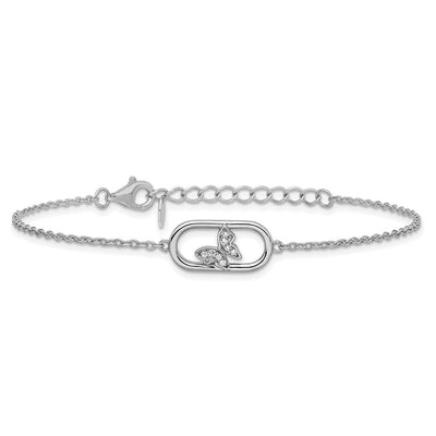 Sterling Silver Rhodium-plated CZ Oval with Butterfly with Extension Necklace