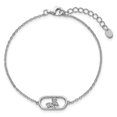 Sterling Silver Rhodium-plated CZ Oval with Butterfly with Extension Necklace