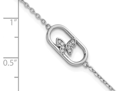 Sterling Silver Rhodium-plated CZ Oval with Butterfly with Extension Necklace