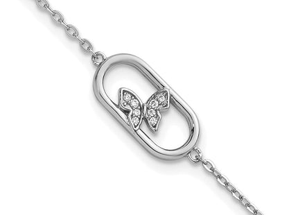 Sterling Silver Rhodium-plated CZ Oval with Butterfly with Extension Necklace