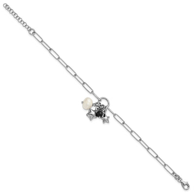 Sterling Silver Rhodium-plated Stars and White Freshwater Cultured Pearl and Black Acrylic Bead with Extender Paperclip Bracelet