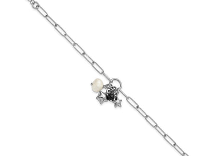 Sterling Silver Rhodium-plated Stars and White Freshwater Cultured Pearl and Black Acrylic Bead 6. with Extender Paperclip Necklace