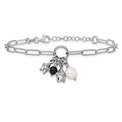 Sterling Silver Rhodium-plated Stars and White Freshwater Cultured Pearl and Black Acrylic Bead with Extender Paperclip Bracelet
