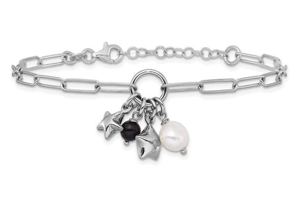 Sterling Silver Rhodium-plated Stars and White Freshwater Cultured Pearl and Black Acrylic Bead 6. with Extender Paperclip Necklace