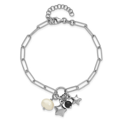 Sterling Silver Rhodium-plated Stars and White Freshwater Cultured Pearl and Black Acrylic Bead with Extender Paperclip Bracelet