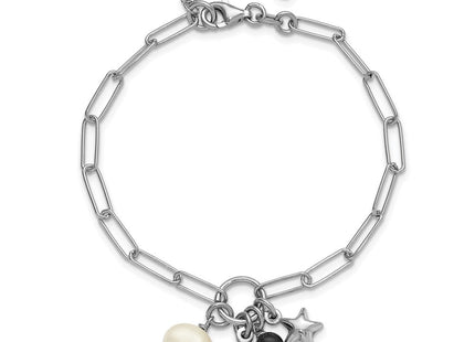 Sterling Silver Rhodium-plated Stars and White Freshwater Cultured Pearl and Black Acrylic Bead 6. with Extender Paperclip Necklace