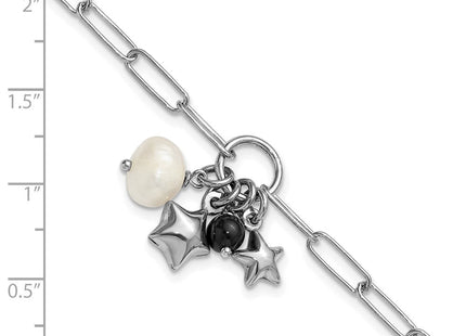 Sterling Silver Rhodium-plated Stars and White Freshwater Cultured Pearl and Black Acrylic Bead 6. with Extender Paperclip Necklace