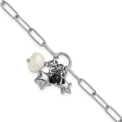 Sterling Silver Rhodium-plated Stars and White Freshwater Cultured Pearl and Black Acrylic Bead with Extender Paperclip Bracelet
