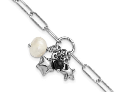 Sterling Silver Rhodium-plated Stars and White Freshwater Cultured Pearl and Black Acrylic Bead 6. with Extender Paperclip Necklace