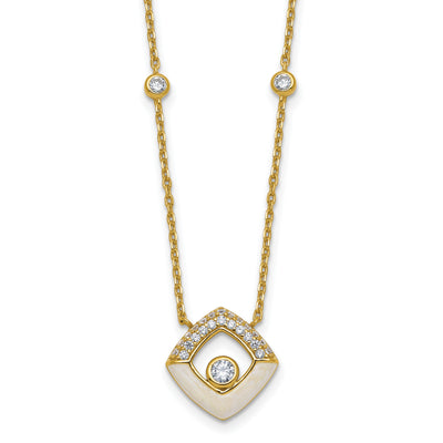 Sterling Silver Gold-tone CZ and Champagne Enamel Square with Extension Necklace