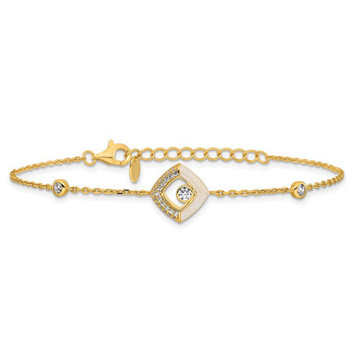 Sterling Silver Gold-tone CZ and Champagne Enamel Square with Extension Bracelet