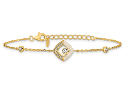 Sterling Silver Gold-tone CZ and Champagne Enamel Square with 0. Extension Necklace