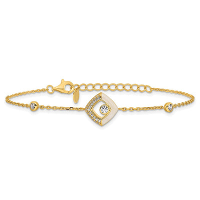 Sterling Silver Gold-tone CZ and Champagne Enamel Square with Extension Necklace