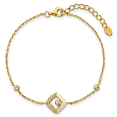 Sterling Silver Gold-tone CZ and Champagne Enamel Square with Extension Necklace