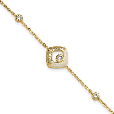 Sterling Silver Gold-tone CZ and Champagne Enamel Square with Extension Bracelet