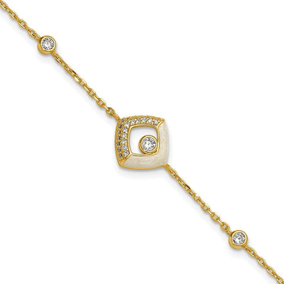 Sterling Silver Gold-tone CZ and Champagne Enamel Square with Extension Necklace