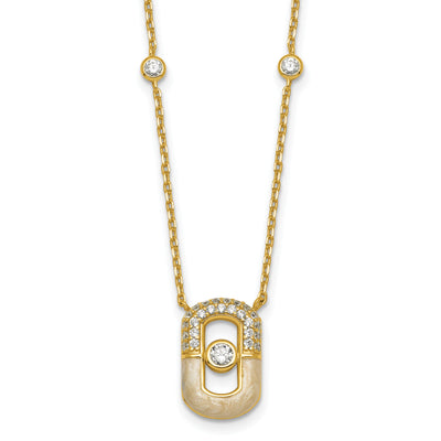 Sterling Silver Gold-tone CZ and Champagne Enamel Rectangle with Extension Necklace