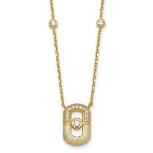 Sterling Silver Gold-tone CZ and Champagne Enamel Rectangle with 1. Extension Necklace (Style QG6979GP-16)