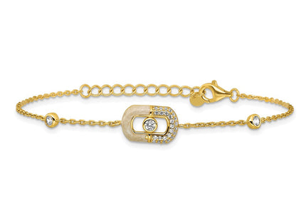 Sterling Silver Gold-tone CZ and Champagne Enamel Rectangle with 0. Extension Necklace