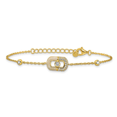 Sterling Silver Gold-tone CZ and Champagne Enamel Rectangle with Extension Necklace