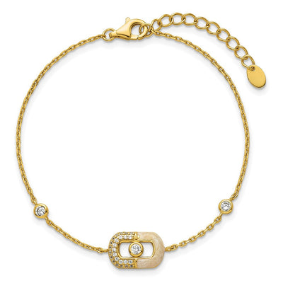 Sterling Silver Gold-tone CZ and Champagne Enamel Rectangle with Extension Necklace