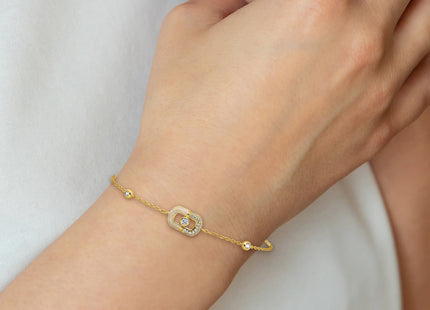 Sterling Silver Gold-tone CZ and Champagne Enamel Rectangle with 0. Extension Bracelet