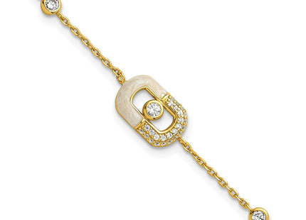 Sterling Silver Gold-tone CZ and Champagne Enamel Rectangle with 0. Extension Necklace