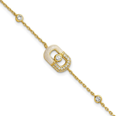 Sterling Silver Gold-tone CZ and Champagne Enamel Rectangle with Extension Necklace