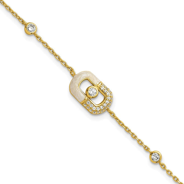 Sterling Silver Gold-tone CZ and Champagne Enamel Rectangle with 0. Extension Necklace