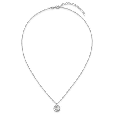 Sterling Silver Rhodium-plated Polished Beaded and Textured CZ Circle with Extension Necklace