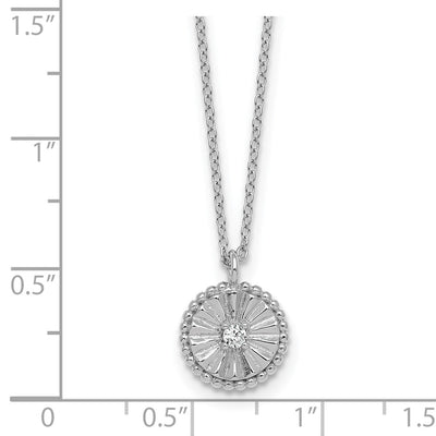 Sterling Silver Rhodium-plated Polished Beaded and Textured CZ Circle with Extension Necklace