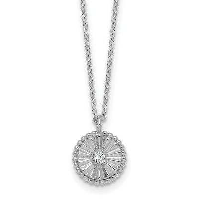 Sterling Silver Rhodium-plated Polished Beaded and Textured CZ Circle with Extension Necklace