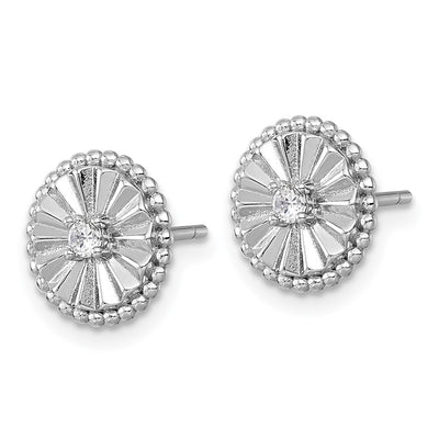 Sterling Silver Rhodium-plated Polished Beaded and Textured CZ Circle Post Earrings