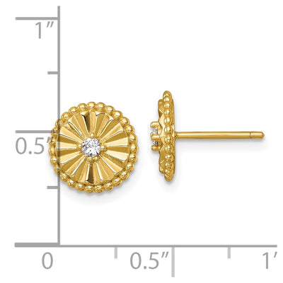 Sterling Silver Gold-tone Polished Beaded and Textured CZ Circle Post Earrings